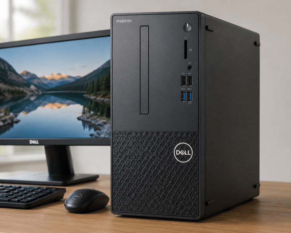Dell Inspiron desktop computer on a desk after a successful Windows 11 reinstall and system recovery.