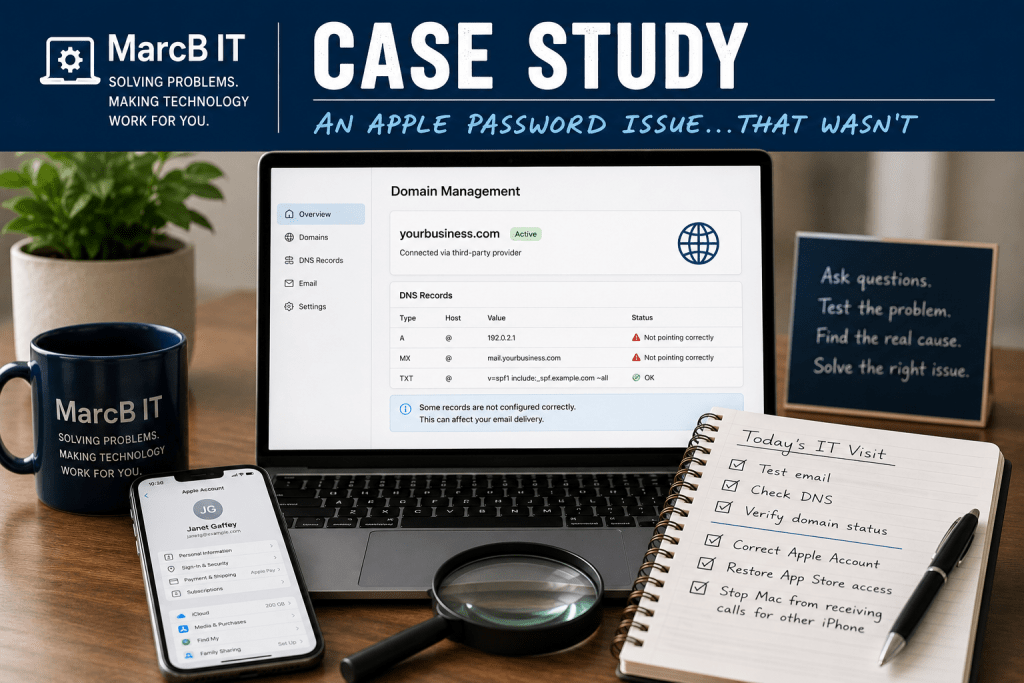 Illustration of an IT case study showing Apple Account troubleshooting, domain management, DNS records, and smartphone support.